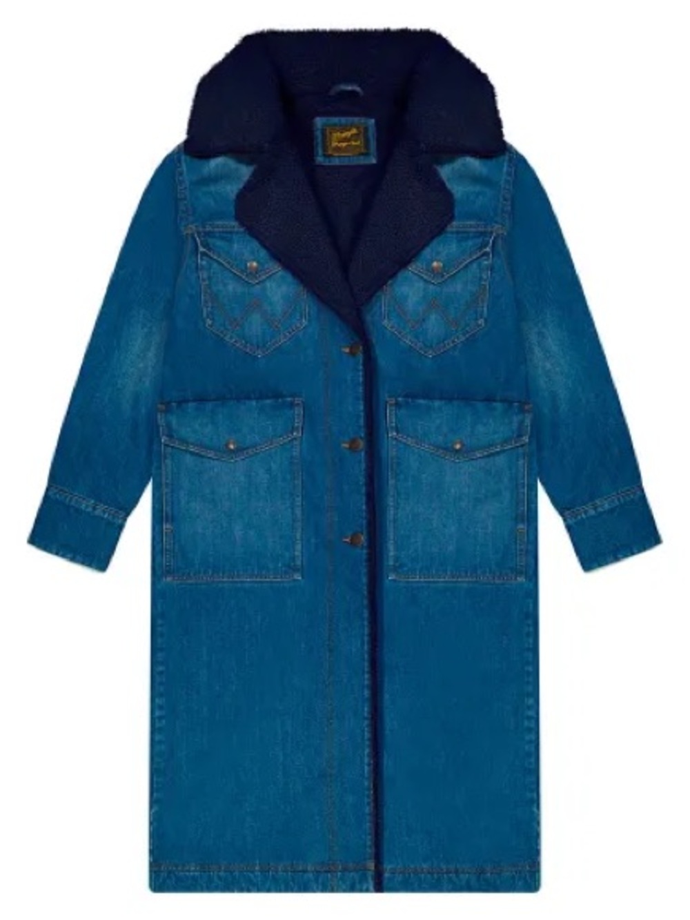 Wrangler Blue Denim Long Coat with Dark Blue Sherpa Collar